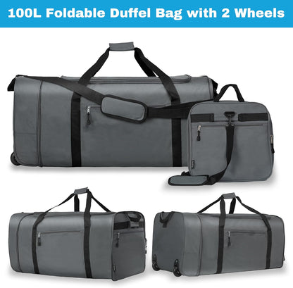 Finnhomy 100L Foldable Rolling Duffel Bag with 2 Wheels, Light Weight Travel Duffel bag with Large Loading Capacity, 32 inch Rolling Duffel bag with Shoulder Strap for Travel Camping Sports, Grey
