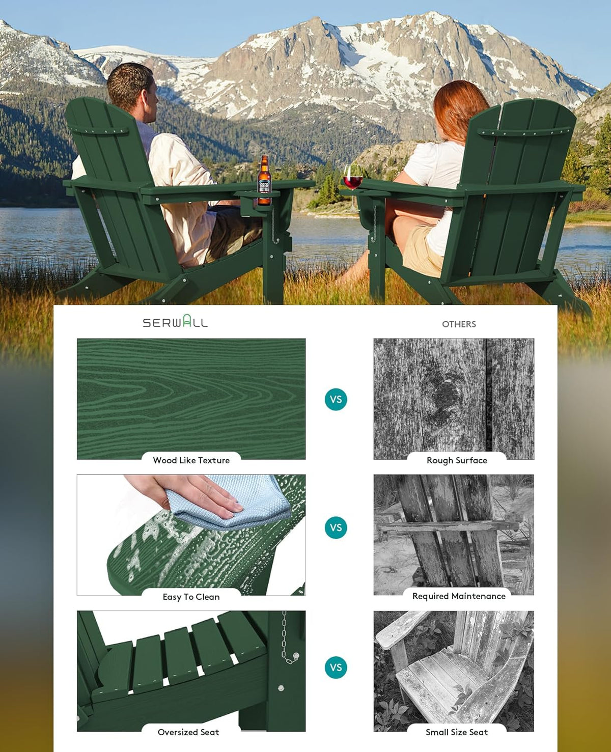 SERWALL Adirondack Chair with Cup Holders - Composite Adirondack Chairs Set of 6 HDPE Outdoor Chairs All Weather Use- Green