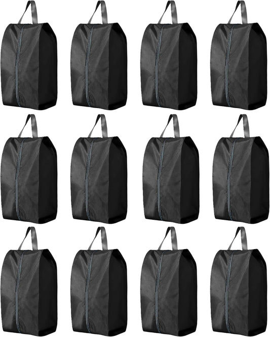 Travel Shoe Bags, Set of 12, Large Oxford Fabric Storage Bags with Zipper and Handle, Water-Resistant Pouches (Black)