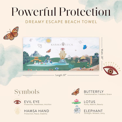 KARMA AND LUCK Dreamy Escape Beach Towel for Women & Men, Evil Eye, Hamsa Hand, Lotus, Butterfly, and Elephant Premium Designs, Cotton Beach Towels for Swimming, 61” x 28”
