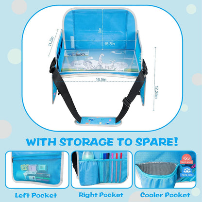 MENZOKE Kids Travel Tray, Car Seat Tray for Kids Travel, Toddler Essentials Girls with Tablet Holder, Road Trip Essentials with Cooler Cup Holder, Dry Erase Board & Storage Pocket for Airplane, Blue