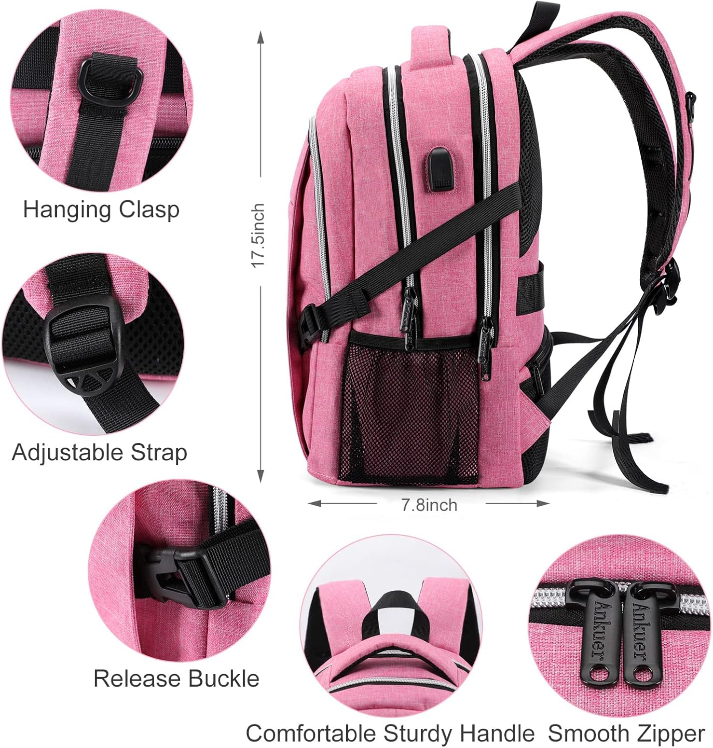 ANKUER Backpacks for Women, Backpack Fits Up 15.6 in Laptop Backpack for Travel, Backpacks with USB Charging Port, Work Business Backpack for School (Pink)