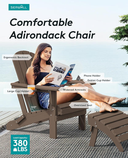 SERWALL Adirondack Chair with Cup Holders - Composite Adirondack Chairs Set of 2 HDPE Outdoor Chairs All Weather Use- Coffee