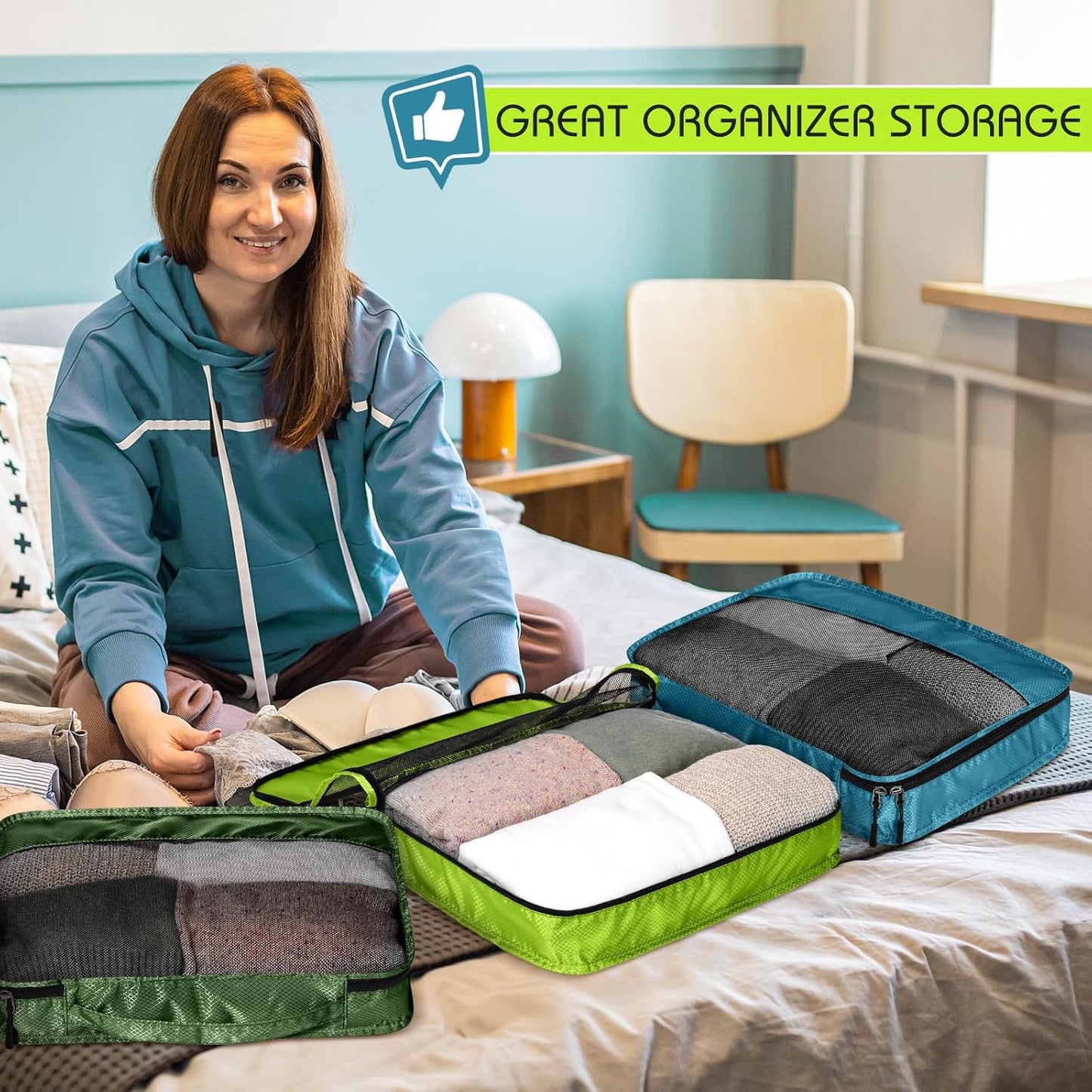 5 Pcs Packing Cubes for Suitcase Large Travel Cubes Carry on Luggage Organizer Bags for Clothes Accessories(L,Green)
