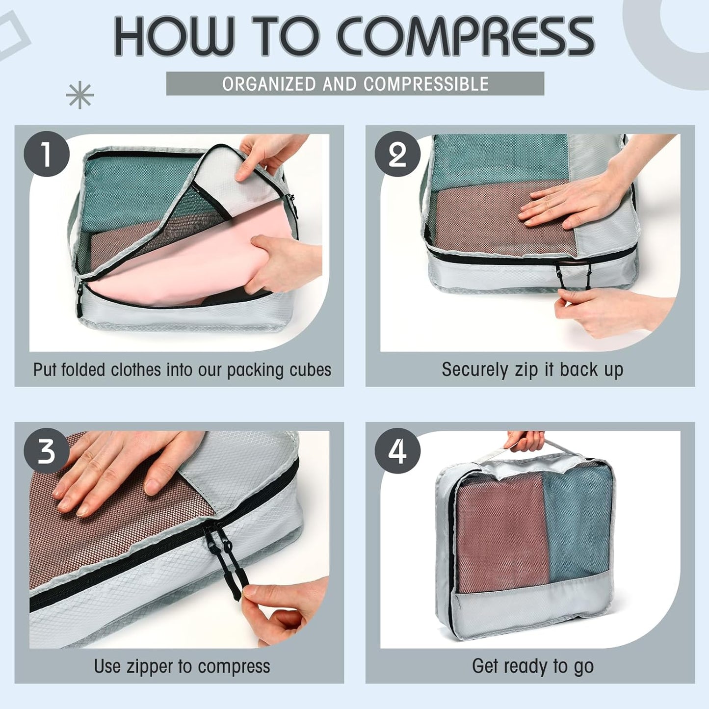 5 Pcs Packing Cubes for Suitcase Large Travel Cubes Carry on Luggage Organizer Bags for Clothes Accessories(Mixed,Gray)