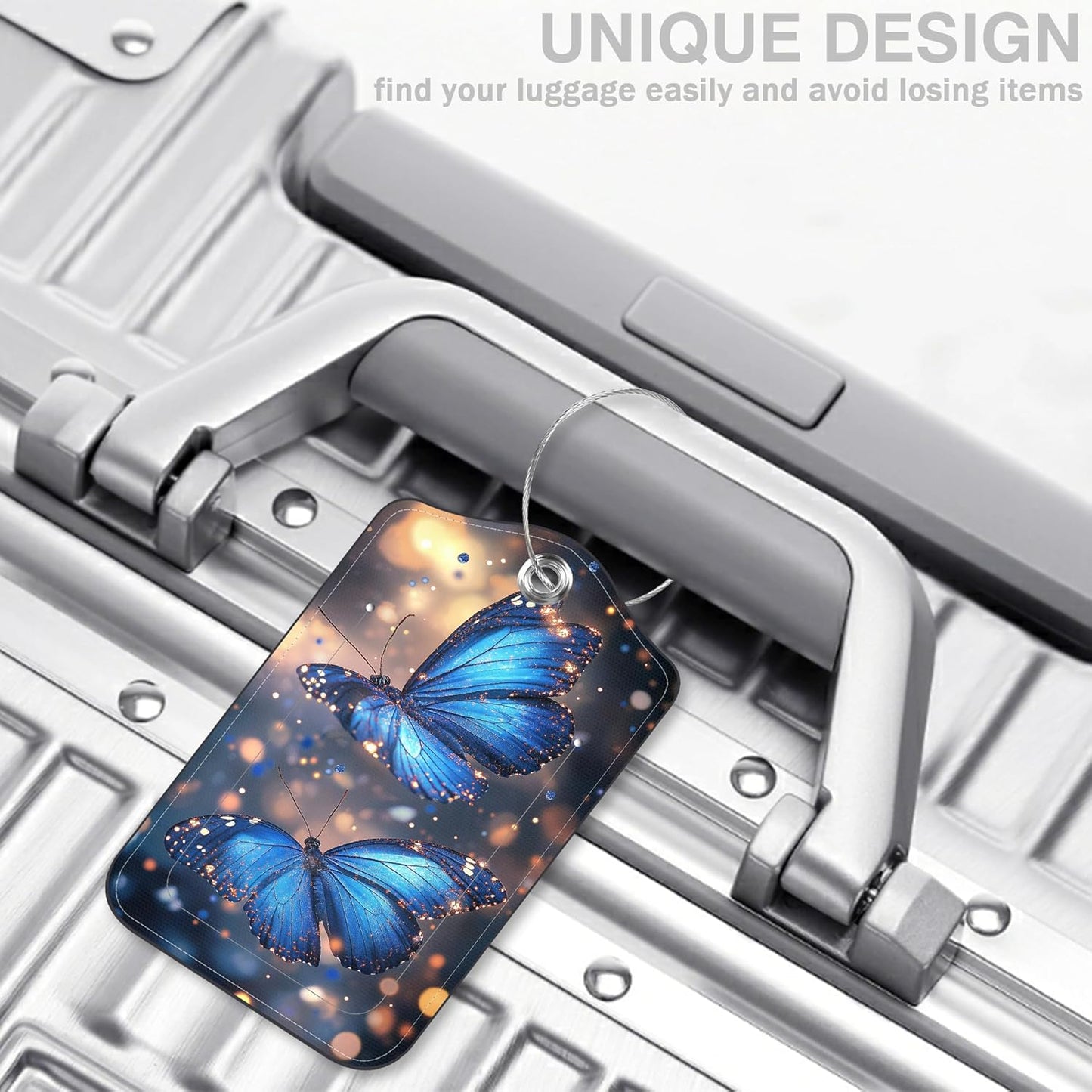 2 Pcs Blue Butterfly Luggage Tags for Suitcases PU Leather Baggage Tags Name ID Label with Privacy Cover and Stainless Steel Loop for Men Women Travel Bag Suitcase