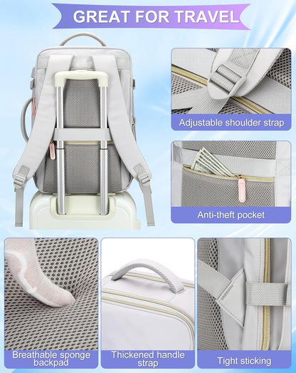 42L Travel Laptop Backpack, Expandable Carry-on Luggage, Anti-Theft Business Weekender Bag with USB Port, 3 Packing Cubes & Shoe Bag (Grey)