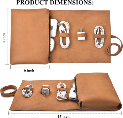 Leather Tech Pouch for Cables Chargers Phone | Tech Bag | Zipper Travel Accessory Pouch | Electronic Organizer Case Travel Bag (Tan)