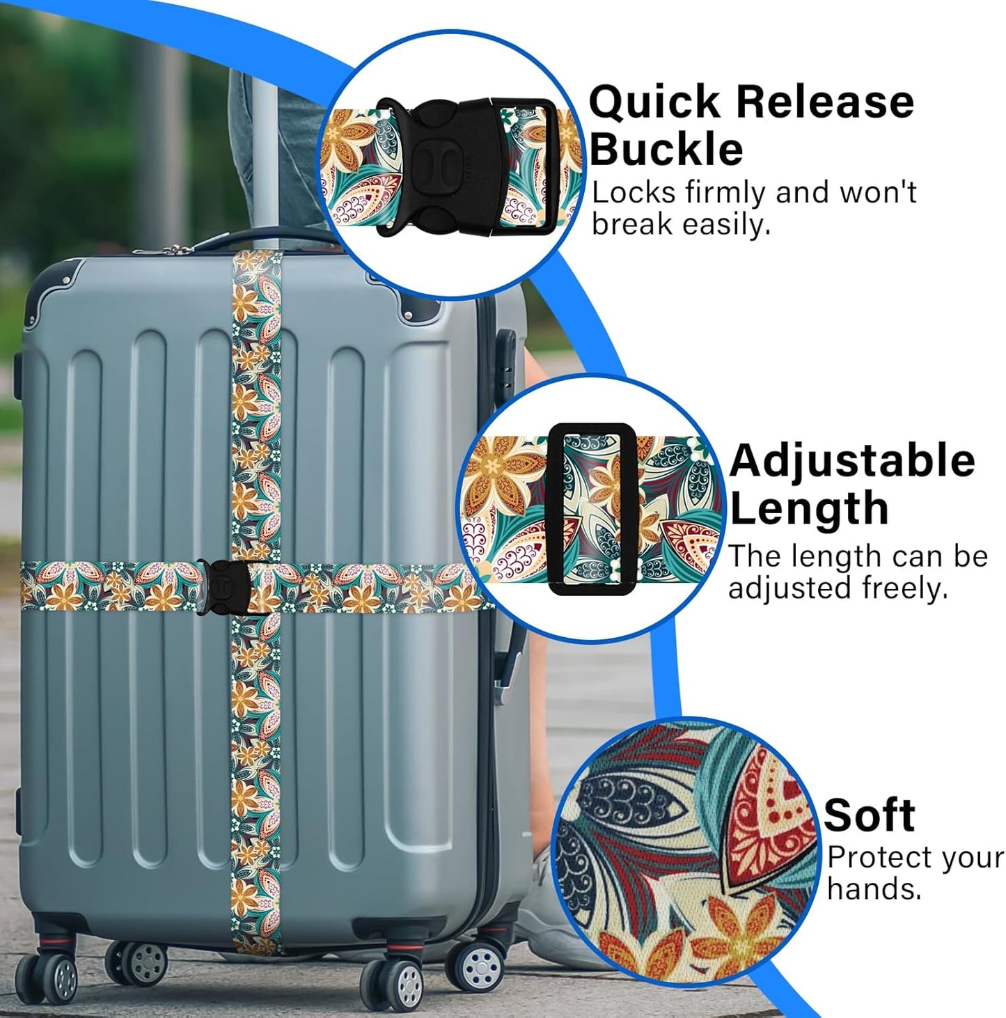 2 Pack Luggage Straps for Suitcases, Adjustable Travel Belt with Double Lock and Quick Release Buckle, Heavy Duty Nylon Bag Packing Strap, Unique Identifiers Business Travel Accessories-Green Flowers