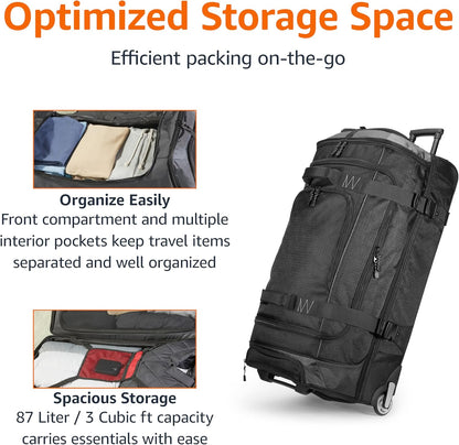 Amazon Basics 30-Inch Large Rolling Duffle Bag with Wheels and Handle, Travel Duffle Bag with Durable Ripstop Polyester Material, 2 Layers of Space, Multiple Interior and Exterior Pockets, Black