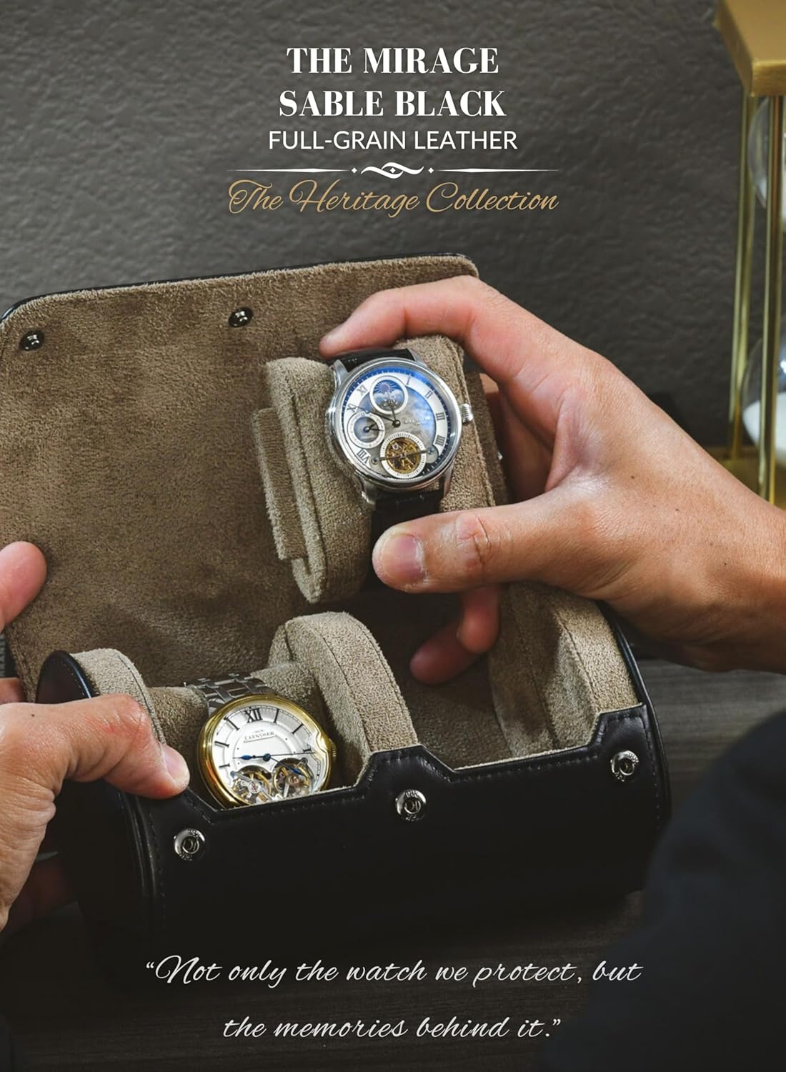 2 Watch Roll Travel Case – Leather Watch Holder Case for Travel - Black Full Grain Cow Leather (Beige Interior)