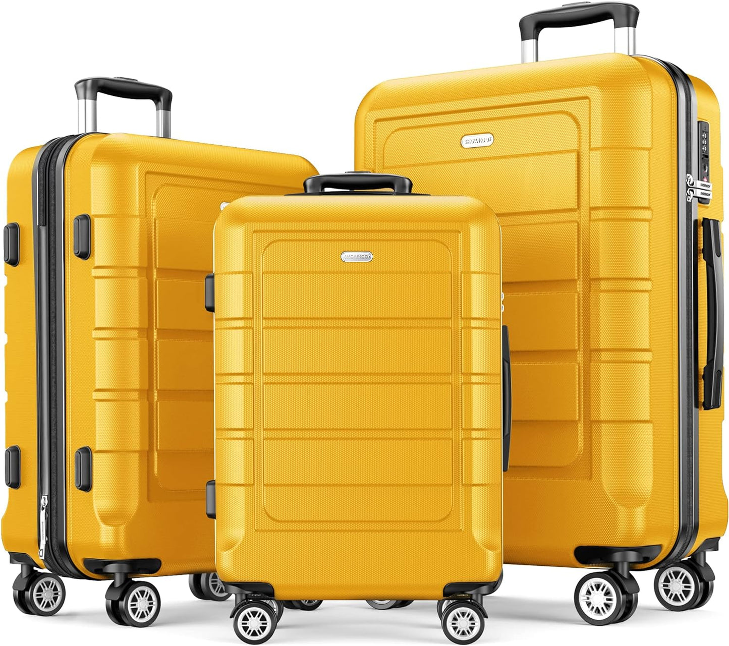 SHOWKOO Luggage Sets Expandable PC+ABS Durable Suitcase Sets Double Spinner Wheels TSA Lock Yellow 3pcs