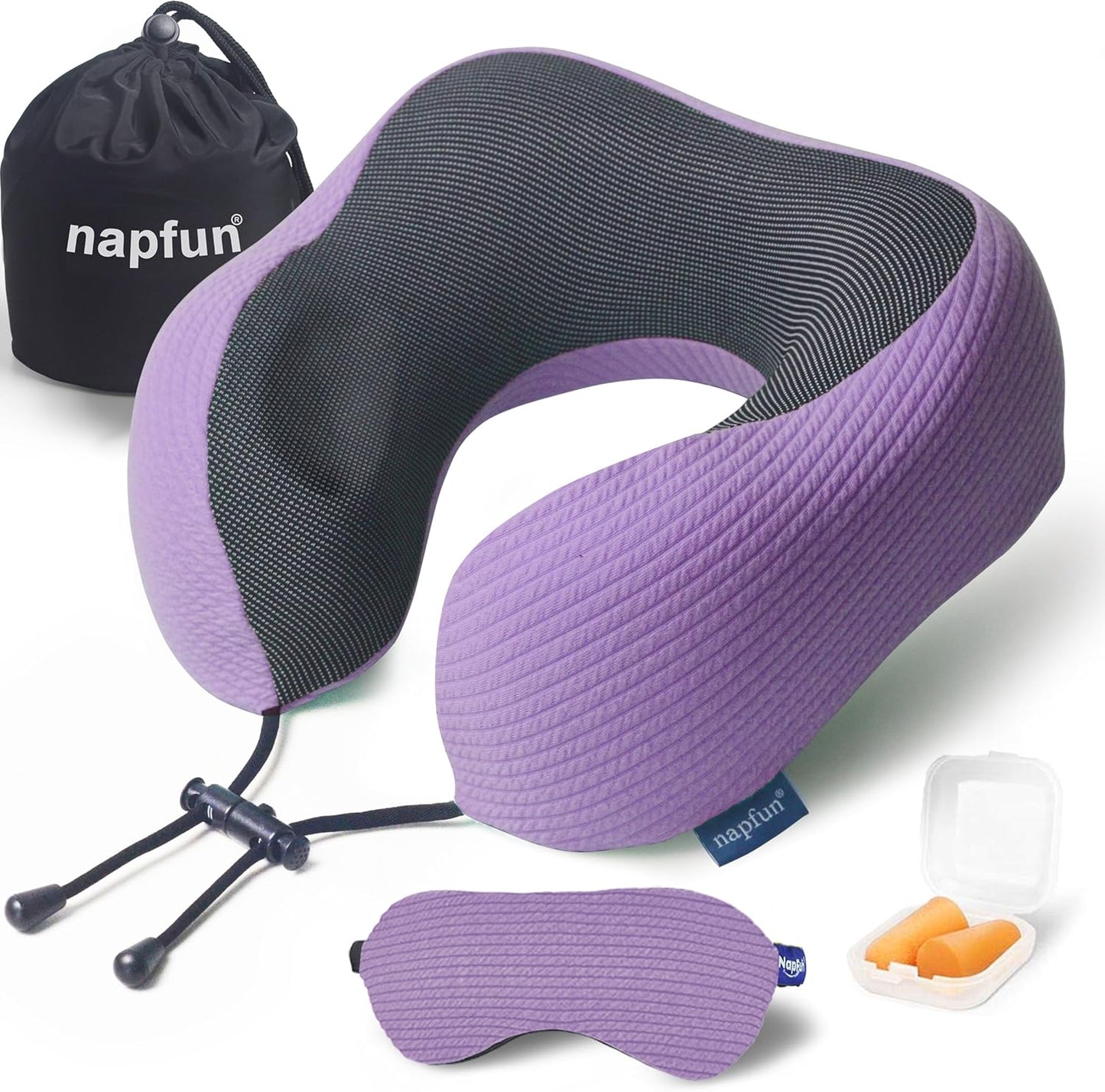 napfun Neck Pillow for Traveling, Upgraded Travel Neck Pillow for Airplane 100% Pure Memory Foam Travel Pillow for Flight Headrest Sleep, Portable Plane Accessories, Striped Light Purple Set