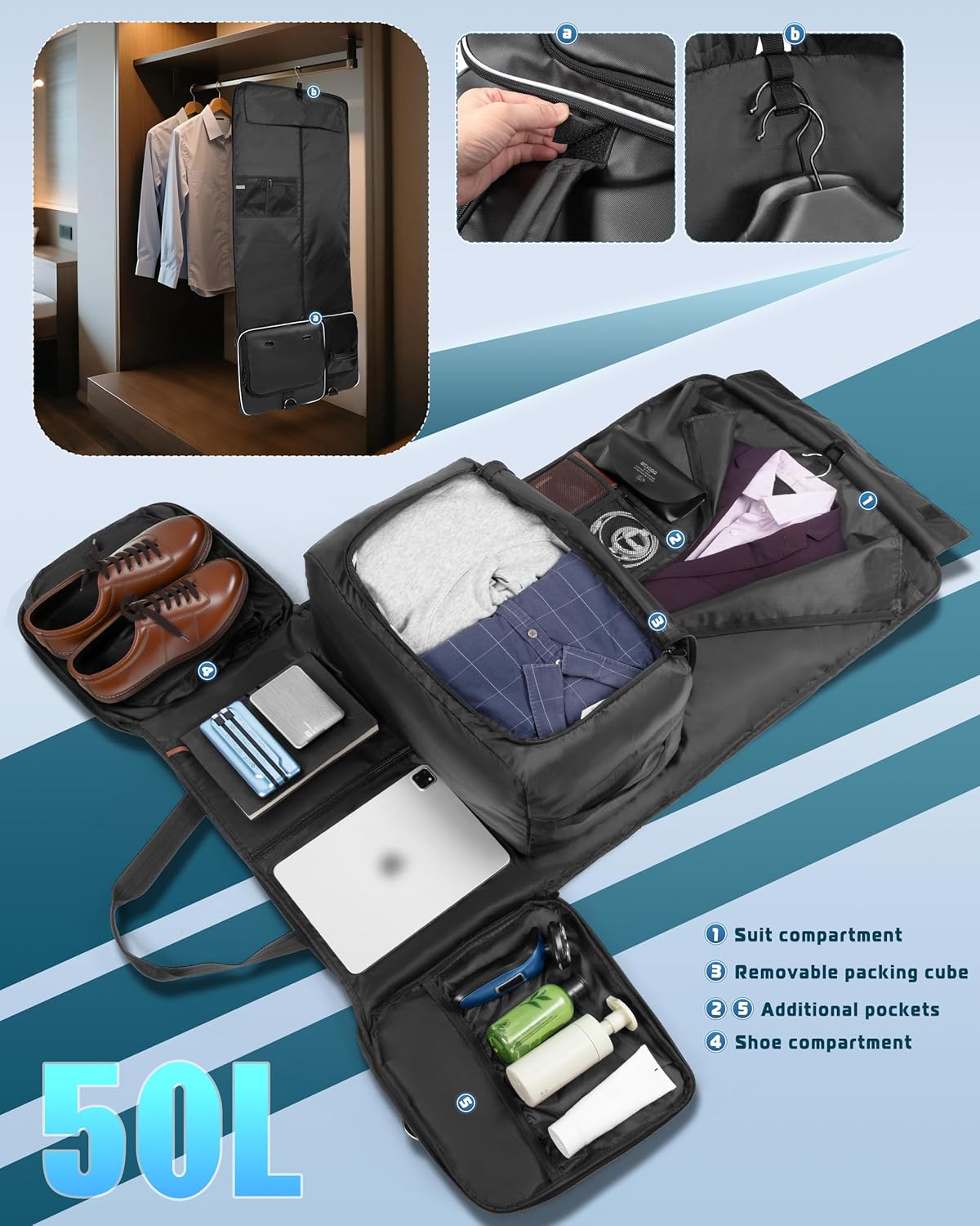 50L Convertible Garment Duffle Bag Backpack with Inner Removable Bag and Shoe Compartment, Travel Suit Bag for Business or Wedding Trips, Black