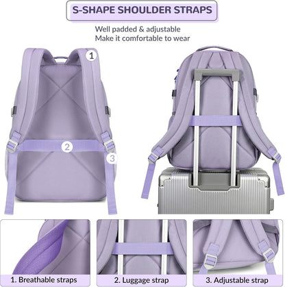 Lohol Water Resistant Backpack with Mulitiple Pockets for Travel Outdoor College, 15.6 inch Laptop Bookbag for Girl and Women (Purple)