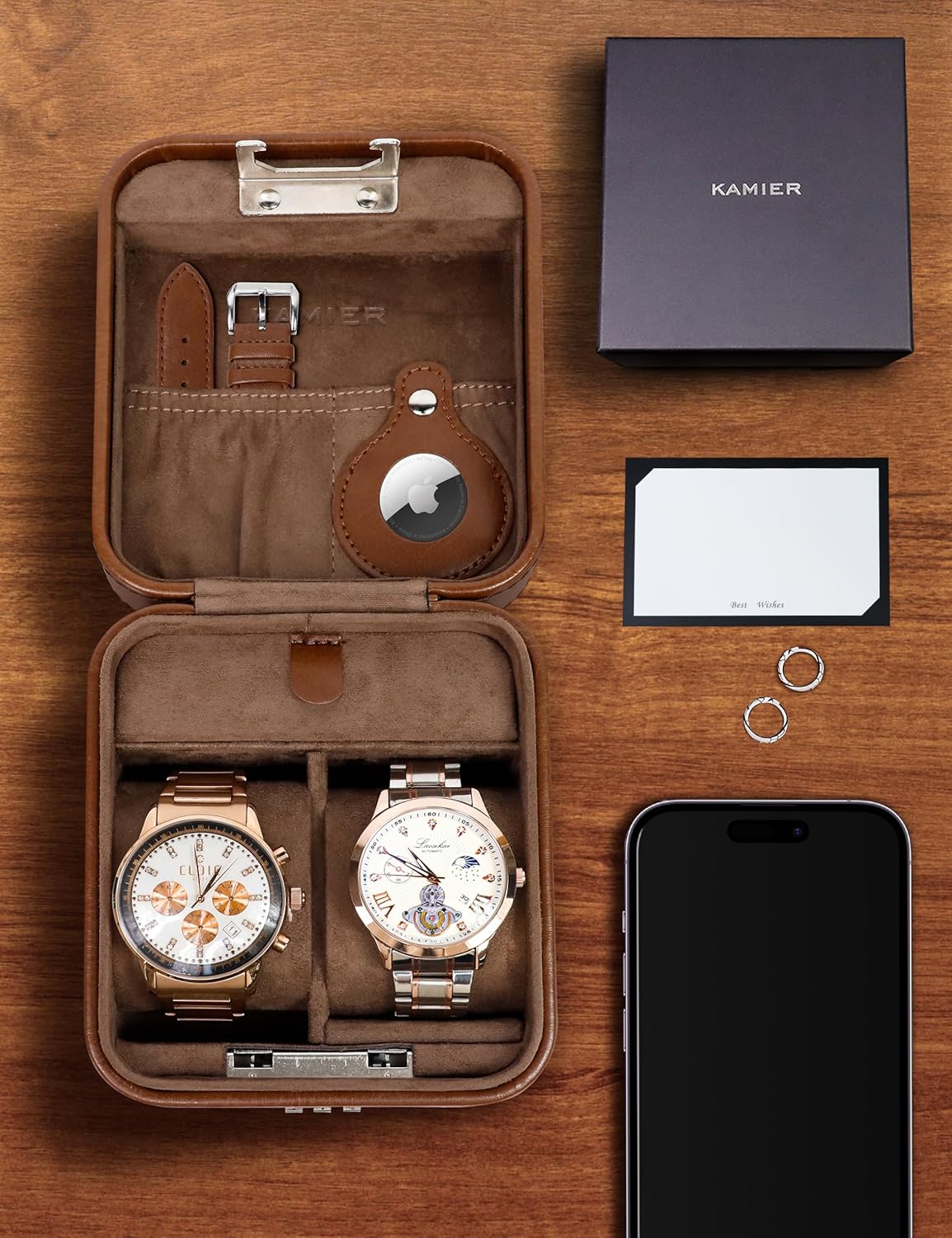 KAMIER Watch Travel Case with Combination Lock - 2 Watch Storage and Jewelry Organizer - Watch Case for Ring and Watch Storage, PU Leather Travel Watch Case, Ideal for Gift (With Gift Box) (Brown)