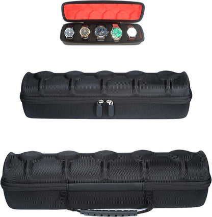 Hard 5 Slots Watch travel case with Soft Separation pillow, fit men's women's casual/sports/diving/dress/automatic watches up to 60mm sized face, with luxury red lining(case only)