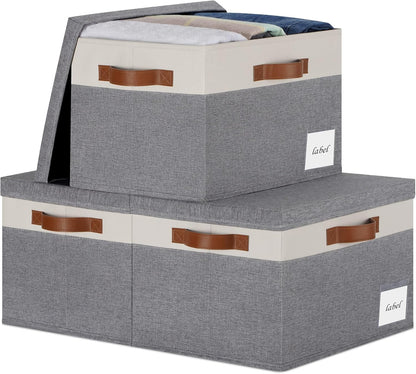 Large Storage Bins with Lids, Foldable Fabric Storage Baskets with Lids, Sturdy Storage Boxes with Labels and 3 PU Handles for Closet Home Bedroom Office (26L, 3 Packs, Grey&White)