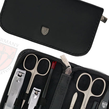 3 Swords Germany – brand quality 8 piece manicure pedicure grooming kit set for professional nail care with genuine leather case black - Made in Germany