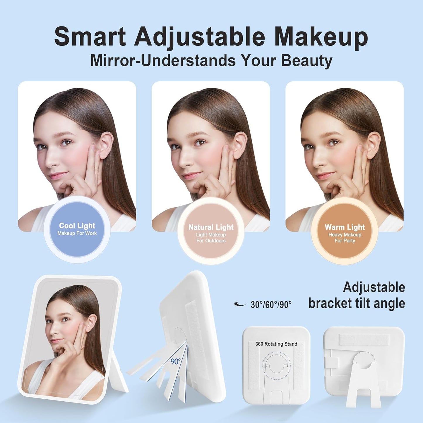 Travel Makeup Bag With 360° rotating LED Mirror,Waterproof cosmetic organizer,Portability Cosmetic case,Makeup organizer,Gift for Women,Girls Gift (Blue+Pink)