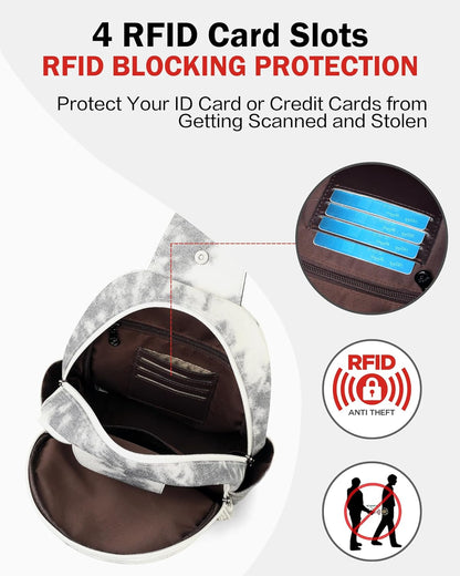 FADEON Large Sling Bag for Women, Leather Crossbody Purse Designer Anti Theft Sling Backpack, RFID Fanny Packs for Travel