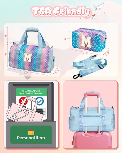 Girls Cheer Up Gifts-Girl Gym Bag with Shoe Compartment, Kid Personalized Weekender Overnight Bags, Initial Travel Tote with Makeup Pouch, Graduation Gift for Niece Kids Daughter (Letter K)