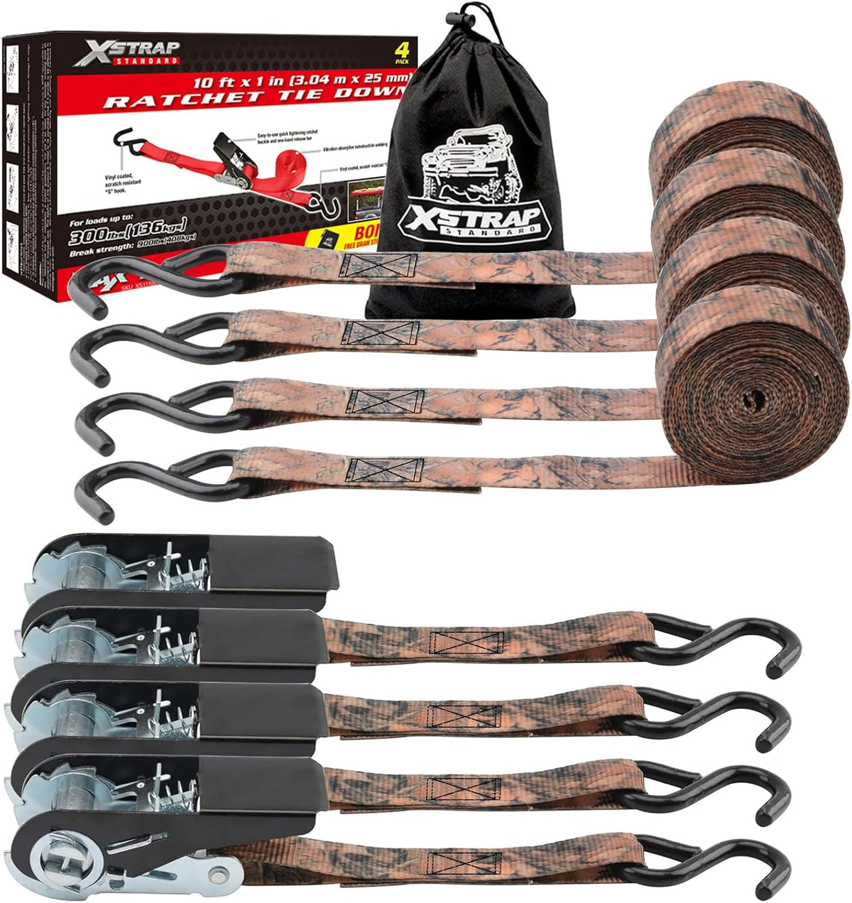 XSTRAP STANDARD Ratchet Tie Down Straps 4 Pk 10 Ft- 300 Lbs Load Cap- 900 Lbs Break Strength-Cargo Straps for Hunting, UTV, ATV, Pickup, Truck, Moving Appliances, Lawn Equipment, Camouflage