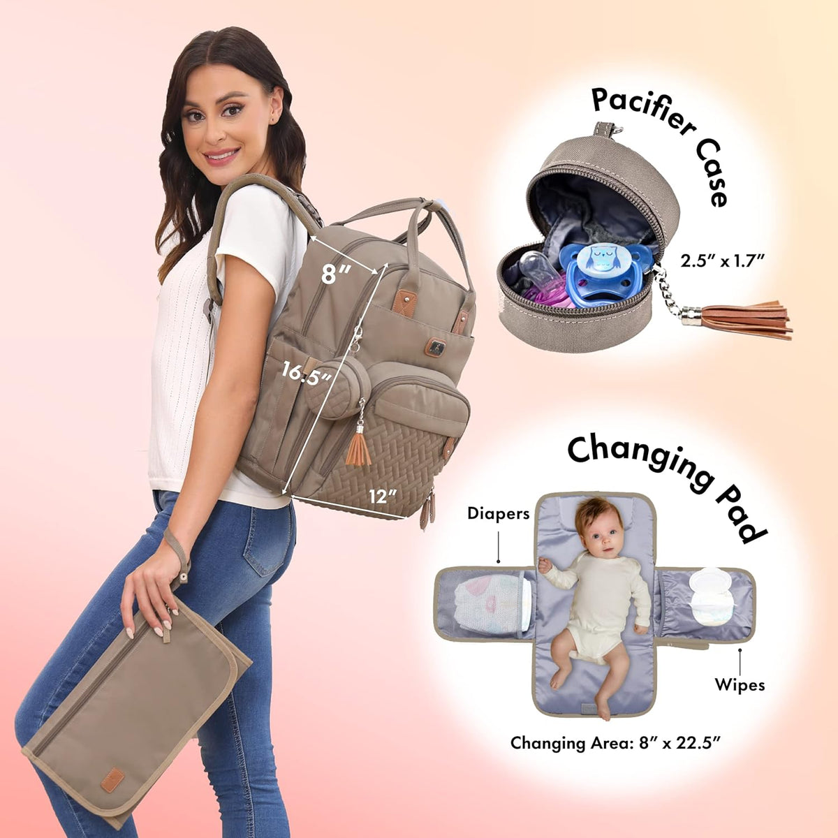 Dikaslon Diaper Bag Backpack with Portable Changing Pad, Pacifier Case and Stroller Straps, Large Unisex Baby Bags for Boys Girls, Multipurpose Travel Back Pack Moms Dads,Khaki