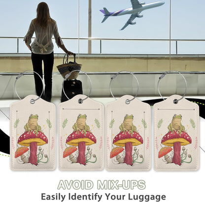 2 Pack Luggage Tags for Suitcase,Frog Sitting On Mushroom Leather Luggage Tag Bag Tags Identifiers Privacy Cover Id Label with Steel Loop for Women Men Girls Boys Travel