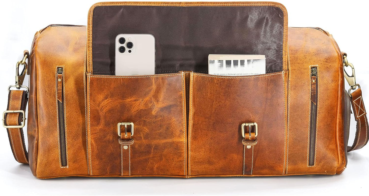 KomalC Leather Duffel Bags for Men and Women Full Grain Leather Travel Overnight Weekend Leather Bags Sports Gym Duffel for Men (Distressed Tan, 28 Inch)