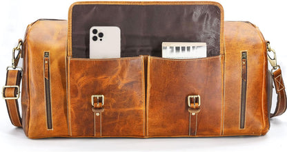 KomalC Leather Duffel Bags for Men and Women Full Grain Leather Travel Overnight Weekend Leather Bags Sports Gym Duffel for Men (Distressed Tan, 28 Inch)