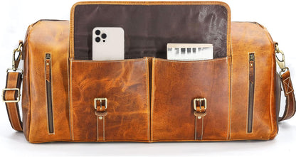 KomalC Leather Duffel Bags for Men and Women Full Grain Leather Travel Overnight Weekend Leather Bags Sports Gym Duffel for Men (Tan, 24 Inch)