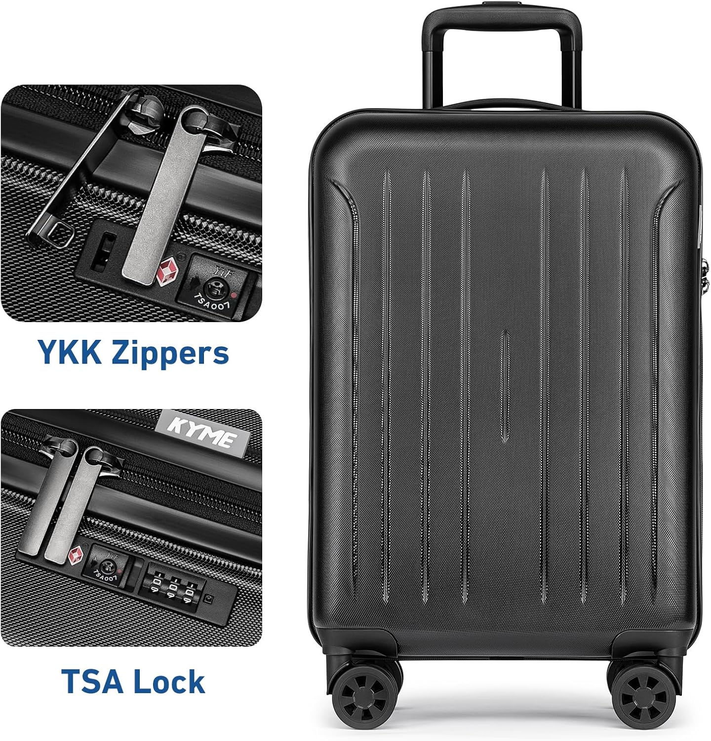 KYME Suitcase Hardshell With Double Spinner Wheels, PC+ABS TSA Lock Travel Luggage (Black, 20" Carry On)