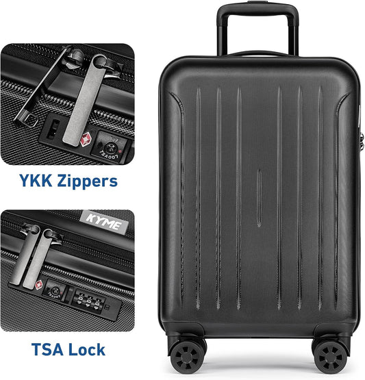 KYME Suitcase Hardshell With Double Spinner Wheels, PC+ABS TSA Lock Travel Luggage (Black, 20" Carry On)