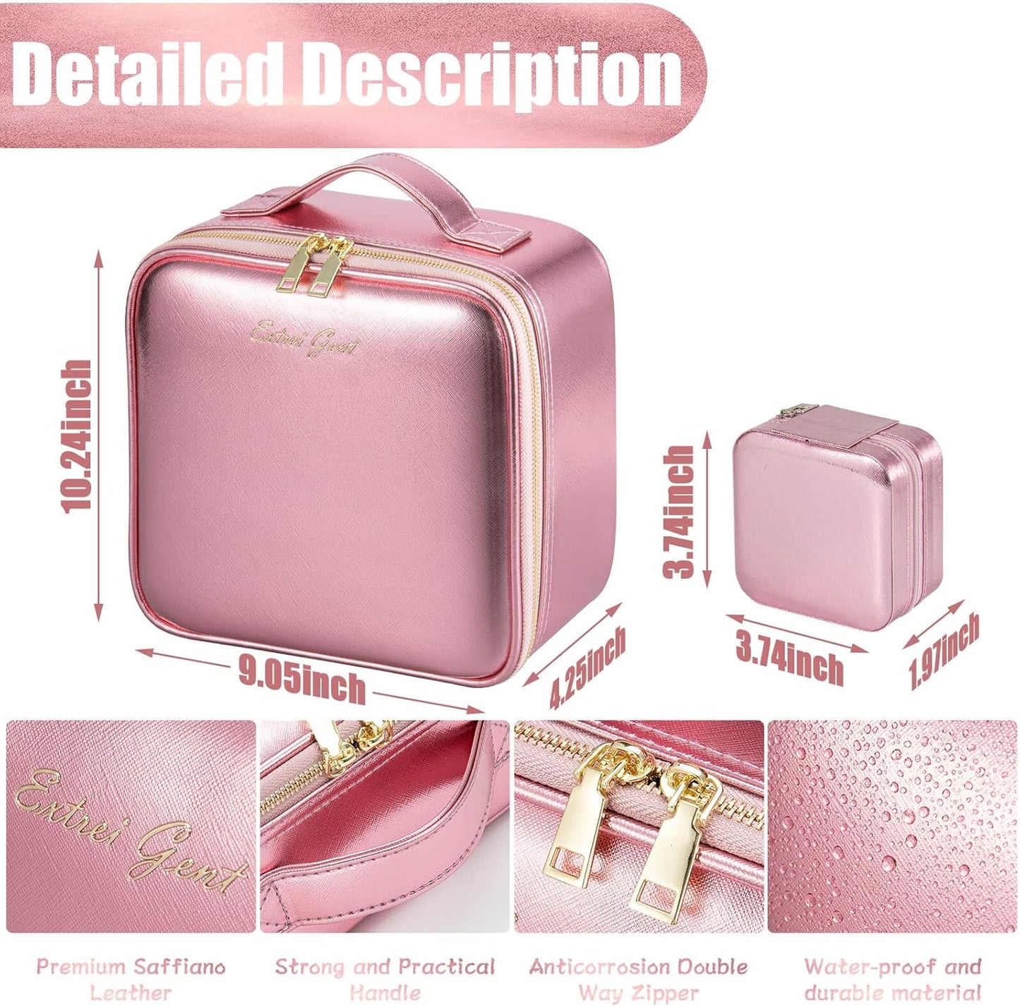 Makeup Travel Train Case with Mirror LED Light 3 Adjustable Brightness Large Cosmetic Bag Portable Storage Adjustable Partition Waterproof Makeup Brushes Make up Jewelry Gift for Women