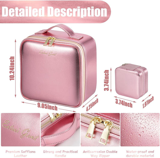 Makeup Travel Train Case with Mirror LED Light 3 Adjustable Brightness Large Cosmetic Bag Portable Storage Adjustable Partition Waterproof Makeup Brushes Make up Jewelry Gift for Women