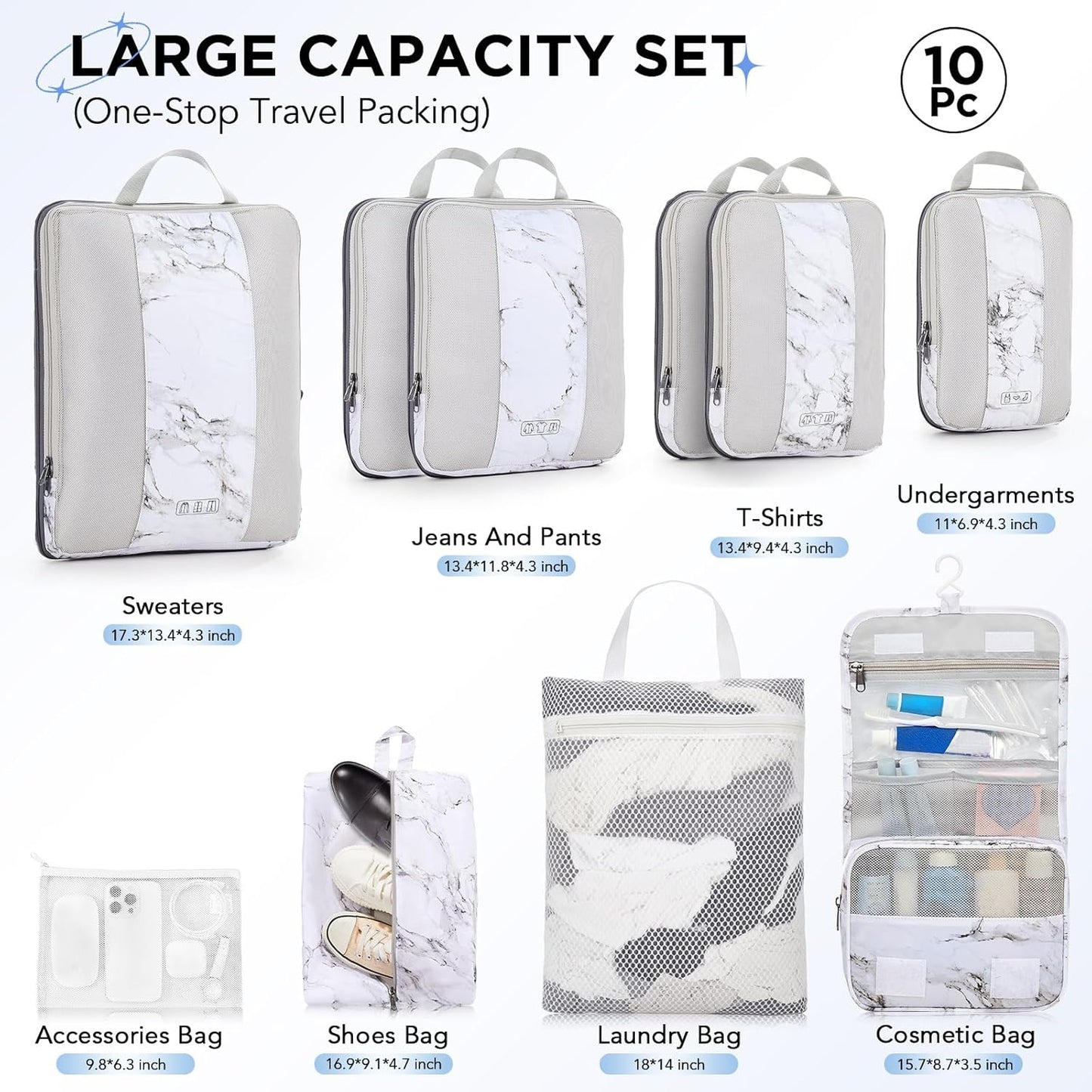 10 Set Compression Packing Cubes for Travel Essentials,Compressible Expandable Packing Cubes for Suitcase,OlarHike Luggage Organizer Bags for Travel,Handy Helper for Organizing Clothes(White Marble)