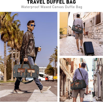 Wildroad 50L Travel Duffel Bag, Expandable Waxed Canvas Genuine Leather Duffle Bag Upgraded Overnight Weekender Bag Carry on Bag (Vintage Black, Large-50L)