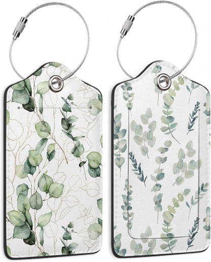 2 Pack Leather Luggage Tag for Suitcase Green White Eucalyptus Leaves Unique Travel Tags with Privacy Cover ID Label & Stainless Steel Loop for Men and Women Baggage