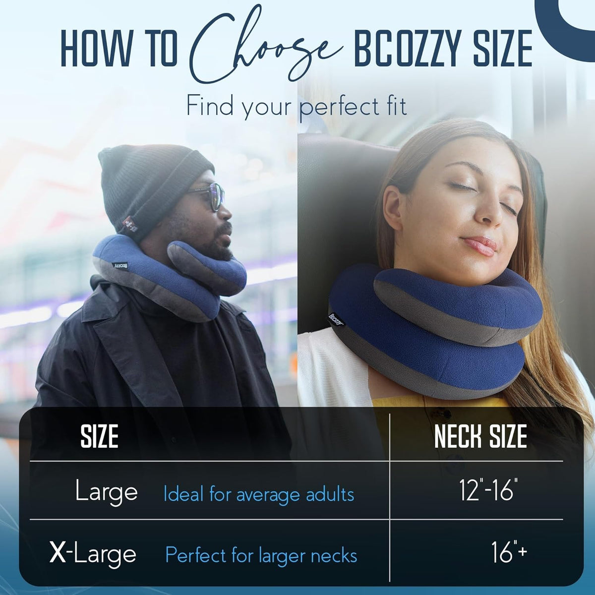 BCOZZY Travel Neck Pillow for Airplane– Patented Double Support for Head, Neck, and Chin. Best for Long Flights, Plane Sleeping, and Car Rides. Adjustable Size. Fully Washable. Carry Bag. Large, Black