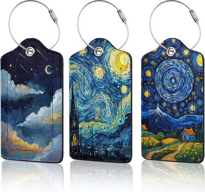 Starry Night Luggage Tags for Suitcase,3 Pack Luggage Tag Leather Privacy Cover ID Label with Stainless Steel Loop for Women Men