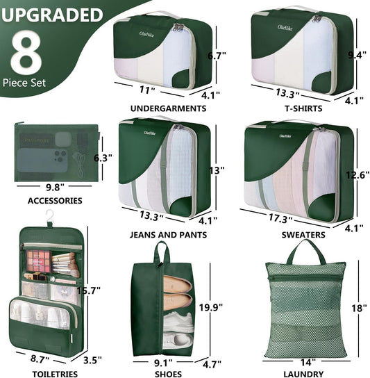 8 Set Packing Cubes for Travel, Gifts for Women Mom,Anti-Tearing Suitcase Organizer for Luggage with Shoe & Hanging Toiletry Bag,OlarHike Vacation Essentials & Accessories for Cruise Ship,Dark Green