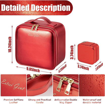 Makeup Travel Train Case with Mirror LED Light 3 Adjustable Brightness Large Cosmetic Bag Portable Storage Adjustable Partition Waterproof Brushes Make up Jewelry Gift for Women