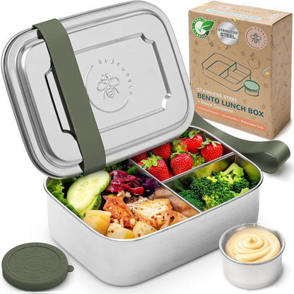 Everusely - Bento Box - Sage, 37oz / 1.1 L - Stainless Steel Lunch Box with Leakproof Condiment Container - 3 Compartment Snack Organizer for On the Go Meals - Freezer & Dishwasher Safe