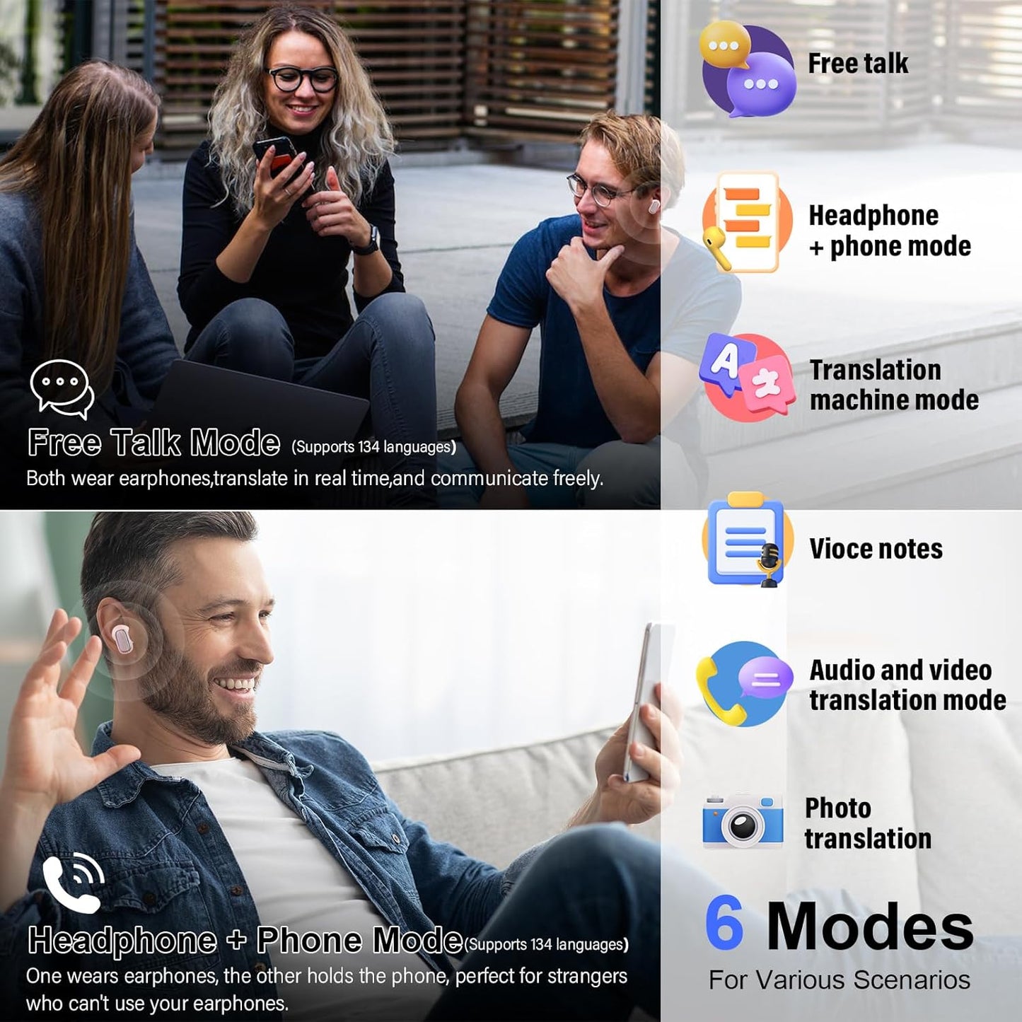 AI Language Translator Earbuds Real Time, 164 Language/6 Translation Modes Translator Earbuds 3-in-1 Translation Headphones, Bluetooth 5.4 Translation Device for Travel Business Learning, Rose Gold