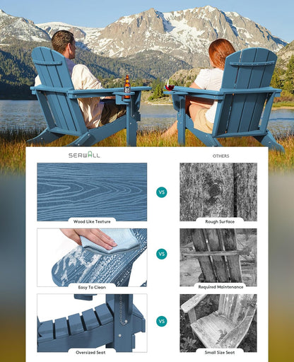 SERWALL Folding Adirondack Chair, HDPE Adirondack Chairs Set of 8, Plastic Outdoor Chairs- Looks Exactly Like Real Wood- Navy