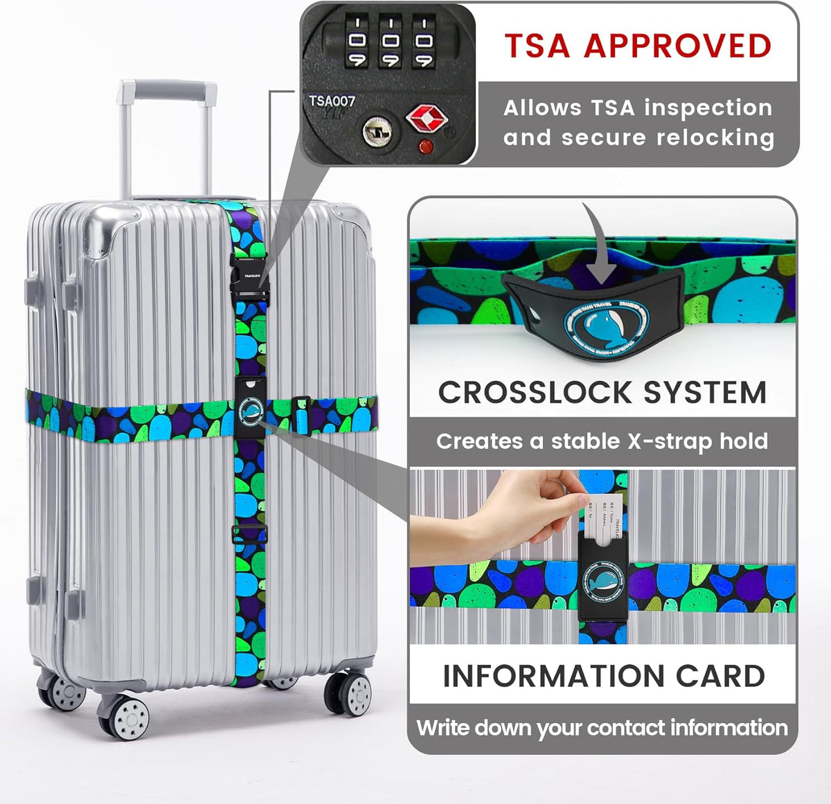 Travelkin Luggage Straps TSA Approved - Adjustable Cross Suitcase Straps with TSA Lock, Reinforced Buckle, Unique Pattern - Secure Heavy Duty Luggage Straps for Travel (Coral)