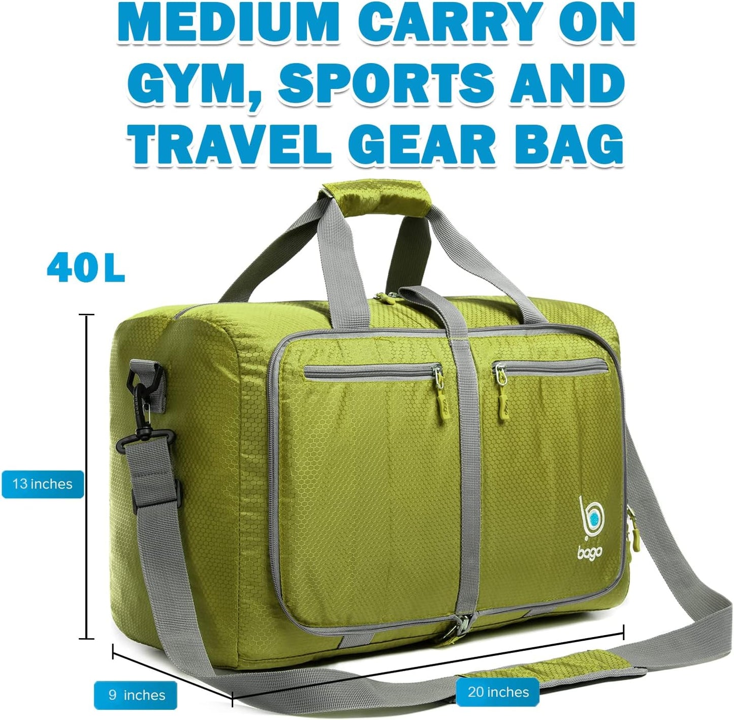 Bago Foldable Duffel Bags for Traveling Women & Men - 40L Sports Packable Duffle Bag for Travel with Shoe Compartment - Water Repellant, Heavy Duty, Lightweight Folding & Collapsible (Green)