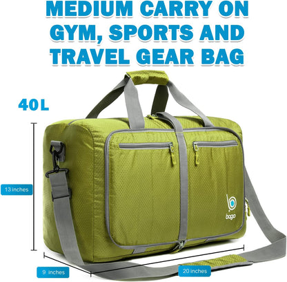 Bago Foldable Duffel Bags for Traveling Women & Men - 40L Sports Packable Duffle Bag for Travel with Shoe Compartment - Water Repellant, Heavy Duty, Lightweight Folding & Collapsible (Green)