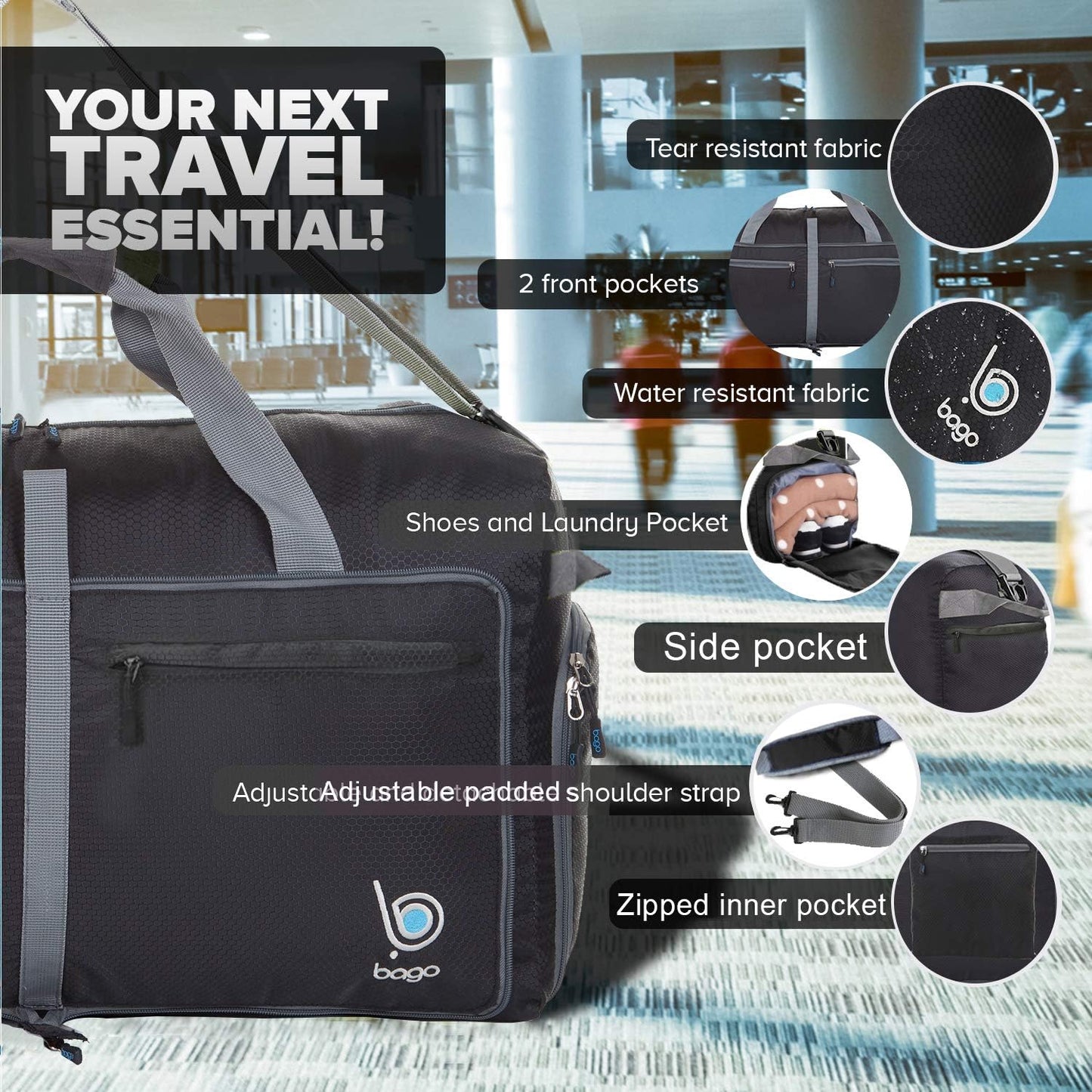 Bago Big XXL Foldable Duffel Bags for Traveling Women & Men - 140L Packable Duffle Bag for Travel with Shoe Compartment - Water Repellant, Heavy Duty, Lightweight Folding & Collapsible (Black)